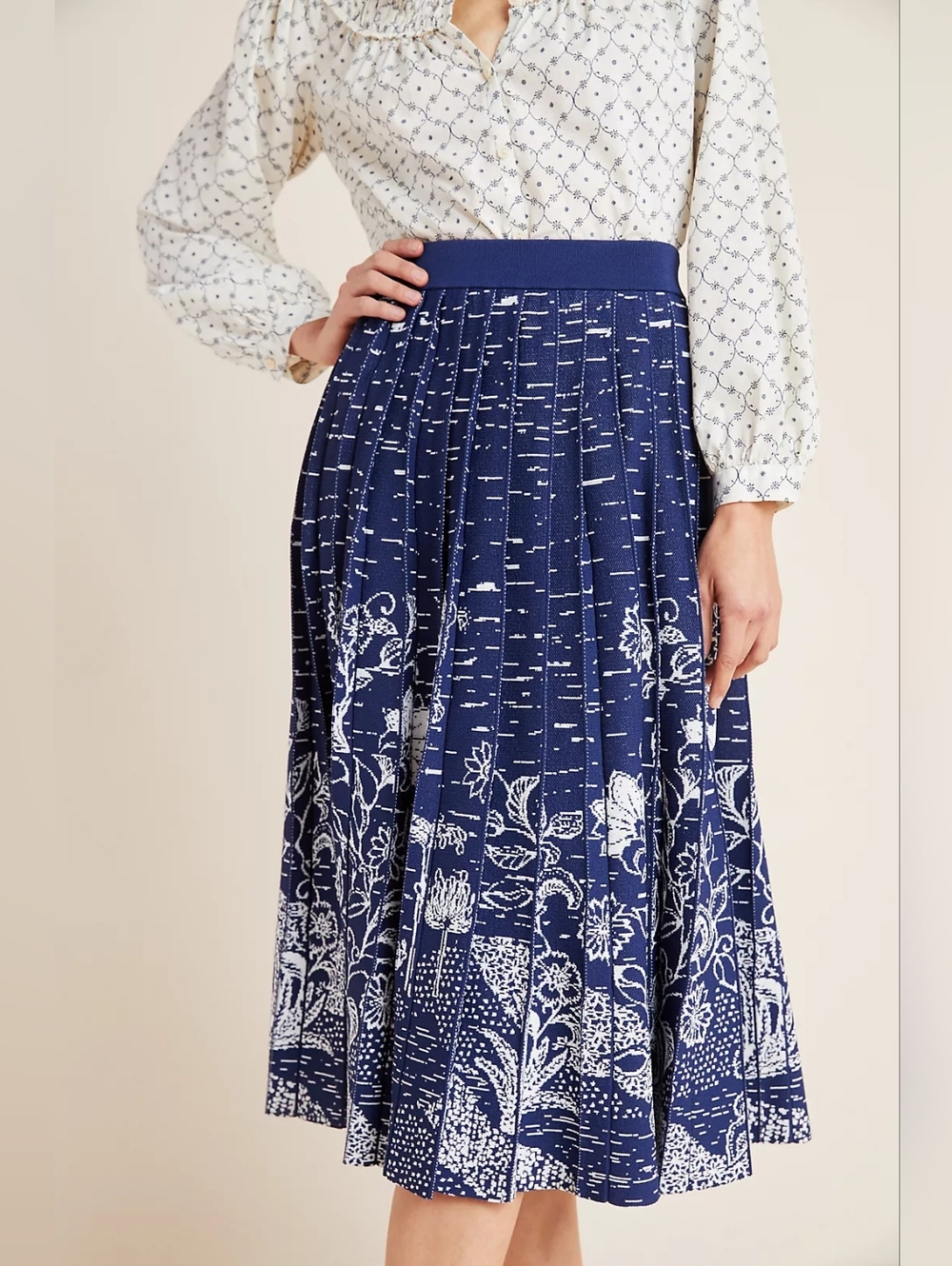 NWT by Anthropologie Haven Pleated Knit Midi in Blue White Sweater Skirt S
